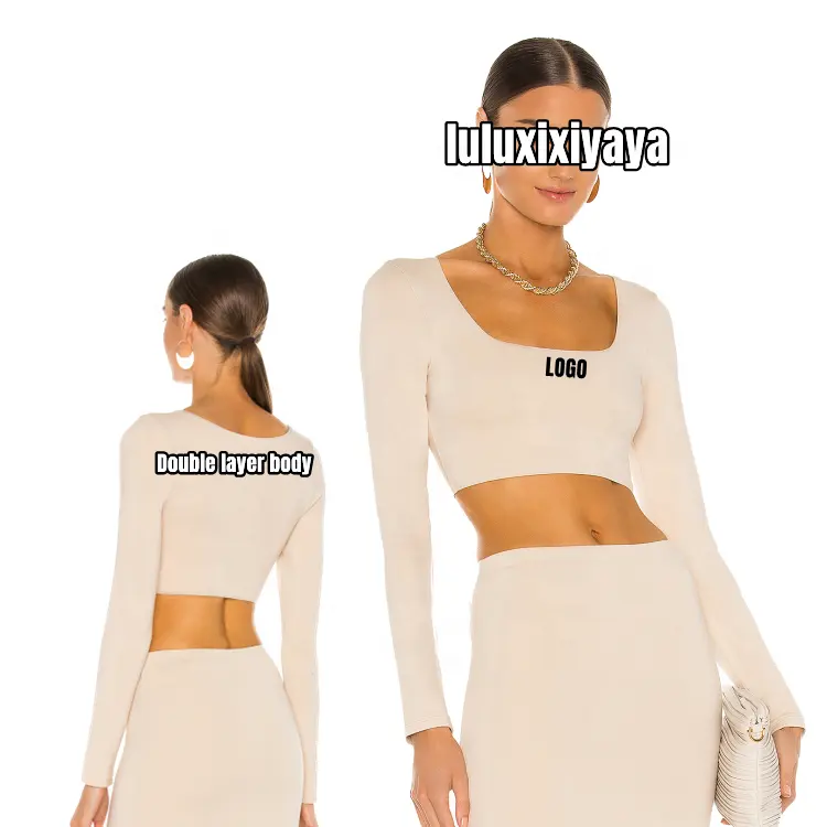 Luluxixiyaya Double Layer 240gsm Kim Similar Body Shape Bodycon Long Sleeve Romance Square Neck Slim Fit T Shirt