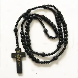 Chapelet noir style catholique, collier en bois, perles rondes, chapelet religieux avec croix en bois par cordon, vente en gros