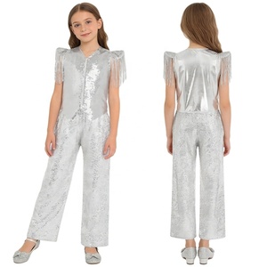 Costume de danse pour filles avec pantalon palazzo à paillettes, ensemble 2 pièces, haut à franges brillant, pour enfants, danse latine, jazz, spectacle, compétition - Product Image 2
