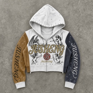 Herren Cropped Zip Hoodie Oversized Drop-Shoulder Kontrast-Ärmel Strass-Hotfix Sweatshirt Streetwear Kapuzenjacke - Product Image 1