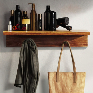 Étagère murale de rangement simple niveau en aluminium gris anthracite pour sèche-cheveux et outils de salle de bain, finition bois blanc - Product Image 3