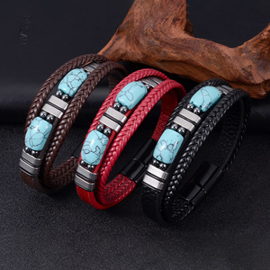 Turquoise <b>Leather</b> <b>Bracelet</b> Multi Layer Stainless Steel Unisex Jewelry Gift 7.5in 8.5in 9in - Product Image 1