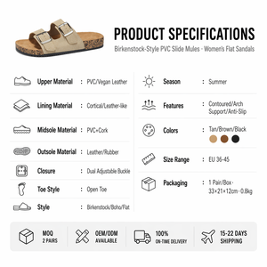 Sandales personnalisées OEM pour femmes, à boucle en PVC, bout ouvert, semelle extérieure en cuir, semelle plate, style Birkenstock, respirantes, mules d'été pour l'extérieur, fabriquées en Chine - Product Image 2