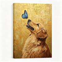 Tableau mural sur toile Golden Retriever, papillon bleu, texture dorée, peinture, décoration de maison de campagne, cadeau pour animal de compagnie, décoration de salon
