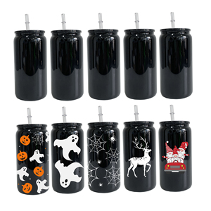 Prêt à expédier : Gobelet en verre noir de 16 oz pour transfert DTF UV, entrepôt USA, en borosilicate, avec paille en plastique transparente - Product Image 1