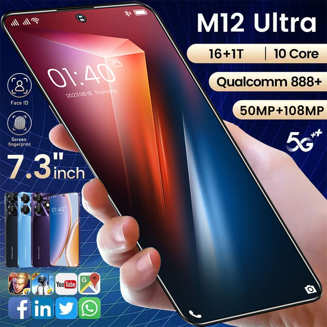 2023 Hot Sell M12 Ultra Smartphone Android 13 16GB+1TB 7.3 Inch Original Unlocked OLED Screen Dual SIM Mobile Phones 5g