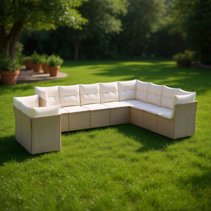 ชุดโซฟาสวนกลางแจ้งสีเบจพร้อมโครงหวาย PE เบาะโฟมความหนาแน่นสูงกันน้ำดีไซน์ร่วมสมัย - Product Image 2