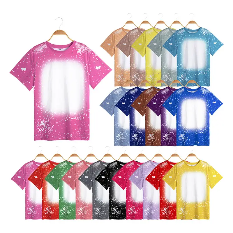 Wholesale US Size S-4XL 100% Polyester short sleeve Faux Bleach T-Shirt Custom logo Adult kids sublimation blank Bleach T Shirts
