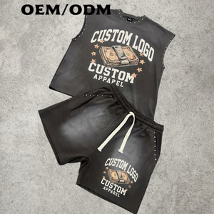 定制印花T恤 高街服饰 男士夏季套装 水钻仿旧酸洗T恤和短裤套装 DTG 男士短裤套装 - Product Image 3