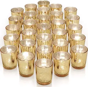 アマゾントップ販売斑点水銀ゴールドガラス奉納キャンドルホルダーバルク結婚式のパーティーテーブルの装飾ゴールド高級キャンドルジャー