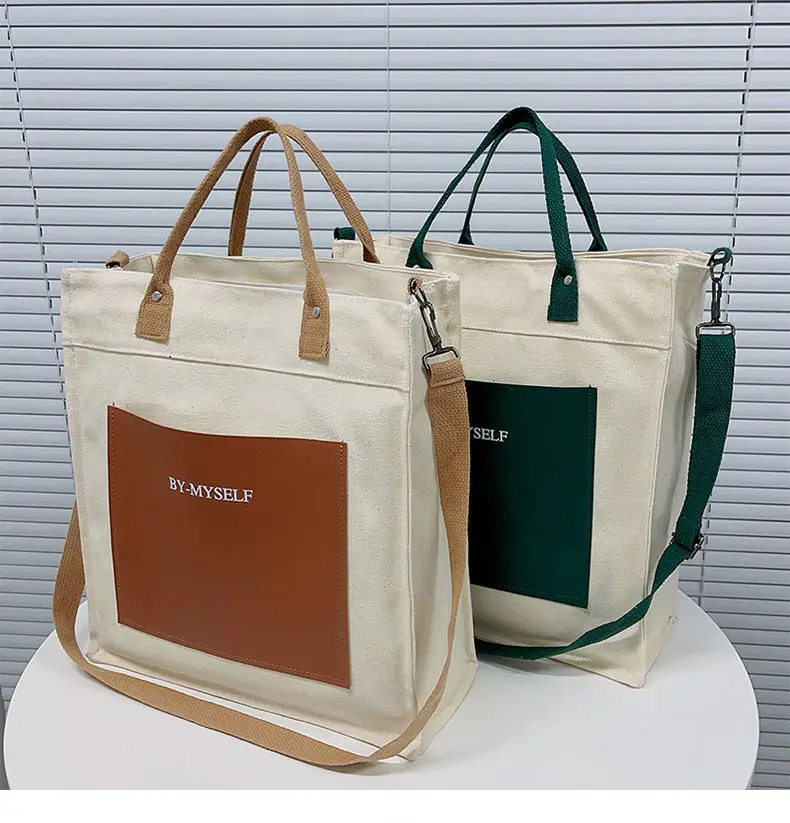 Borsa Tote in tela alla moda con Logo personalizzato con tasca in pelle e cerniera Tote borse a tracolla staccabili per studenti universitari