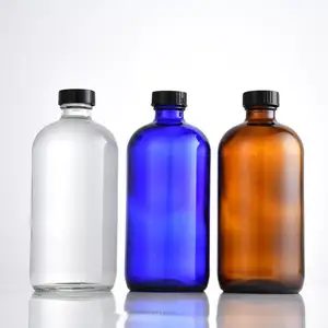 Botella de vidrio para uso en el hogar, Frasco redondo de ámbar, transparente, azul y verde, de 1/2OZ, 1OZ, 2OZ, 4OZ, 8OZ, 16OZ, 32OZ, Boston
