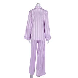 Pyjama d'été uni à rayures, manches longues, pantalon en soie tendance, ensemble deux pièces pour femme, tenue d'intérieur - Product Image 4