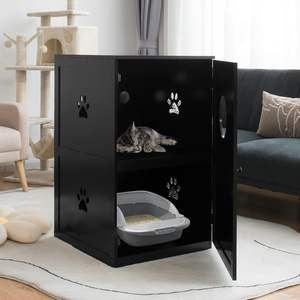 Banc de rangement <span class=keywords><strong>pour</strong></span> maison de chat à 2 niveaux Meuble de toilette caché avec porte d'entrée <span class=keywords><strong>pour</strong></span> chats et chiens - Product Image 4