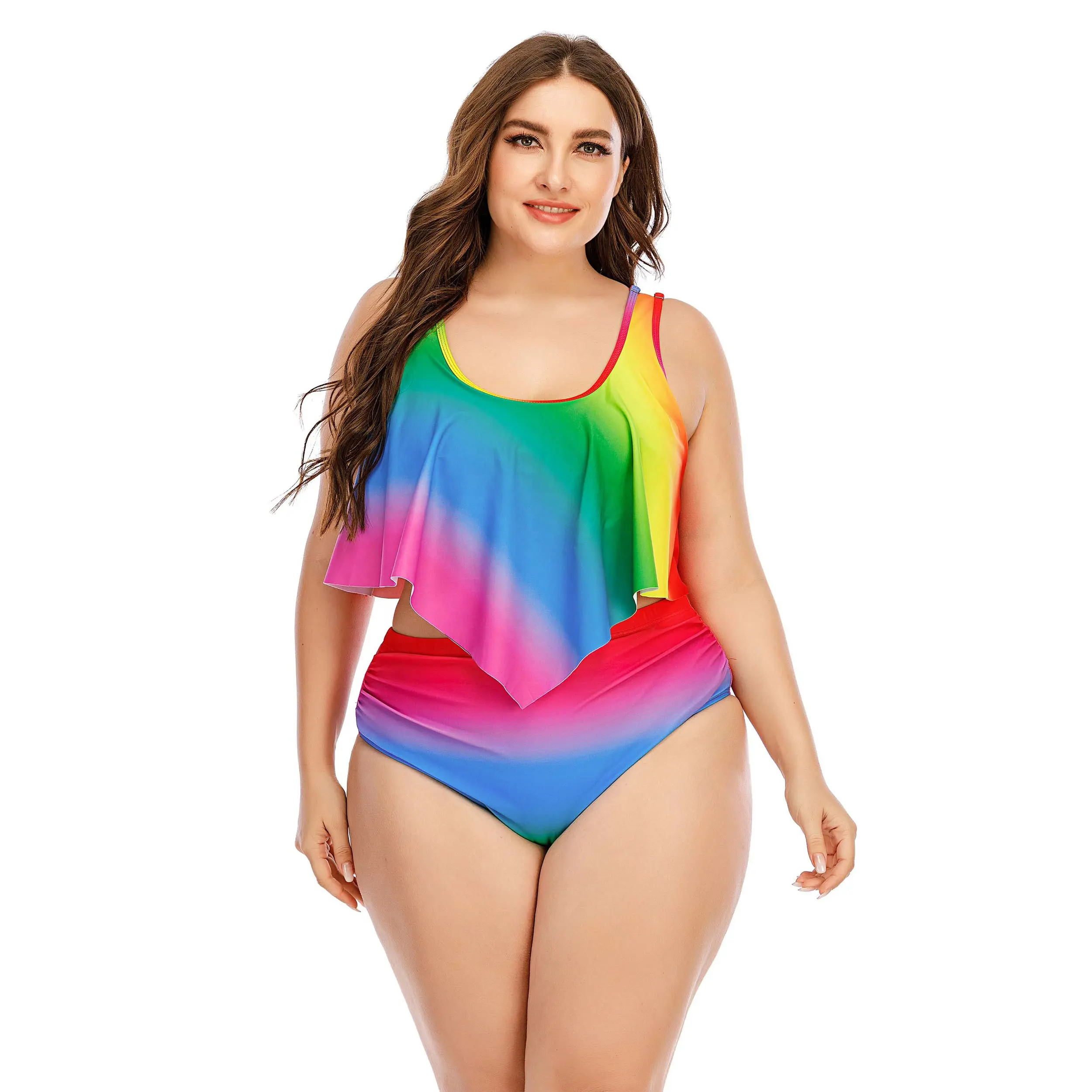 SG-21032 Women's Plus Size Rainbow Gradient Color Ruffle Top Bikini Set Swimsuit