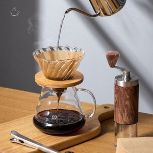 Pour Over Coffee Set With Glass Carafe Wooden Grinder Filter For Home Use - Product Image 1
