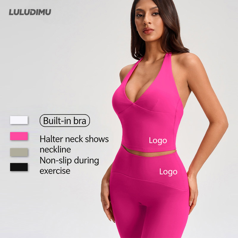 Women High Support Breathable Simple Deep V Halter Yoga Tank Sexy Cropped Backless No Bra Needed Front Sports Top Gym Workout