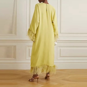 2022 elegante <span class=keywords><strong>moda</strong></span> O collo Vestidos abito Casual donna struzzo con piume di struzzo in seta crêpe Maxi abito a maniche lunghe per donna - Product Image 2