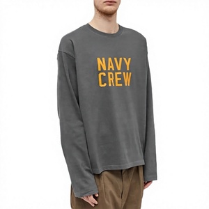 Men's Grey <b>Long</b> <b>Sleeve</b> <b>T</b>-<b>Shirt</b> Casual Regular Fit Crew Neck Top With Yellow <b>Navy</b> Crew Letter Print - Product Image 1