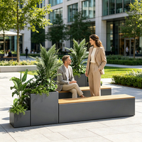 Banc de jardin moderne pour l'extérieur, idéal pour les hôtels, les centres de villégiature, les parcs et les jardins - Cadre en acier gris anthracite, assise en bois, utilisation en terrasse, jardinières