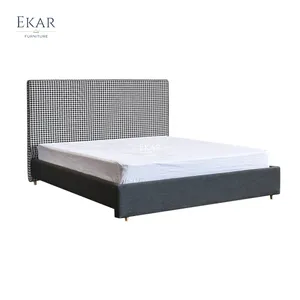 EKAR家具木床模型简约木制大号床架混搭织物床