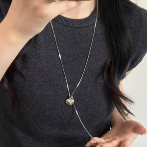Silver Heart Pendant Necklace Tibetan Silver Long Chain For Women Daily Wear Gift Accessory - Product Image 2