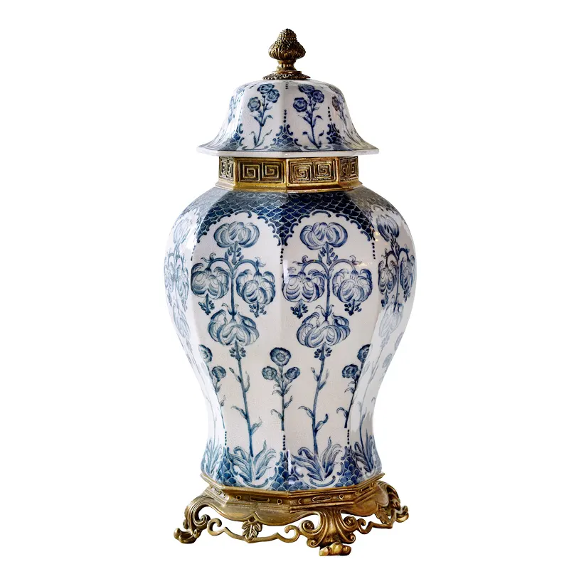 China Manufacturer Blue Porcelain vase Ceramic and Brass Home Decor Accessories Chinese Style luxury blue vase