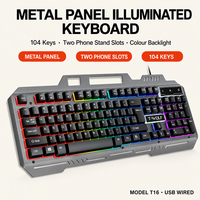 Clavier filaire à panneau métallique 104 touches rétroéclairées couleur, deux emplacements pour téléphone, touches FN, résistant aux éclaboussures, USB pour PC Gaming, vente en gros T16