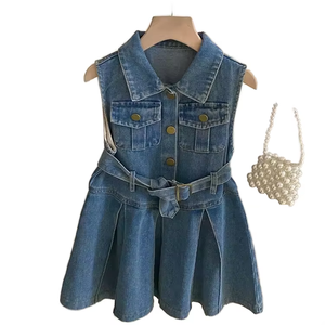 Elegante Vestido Vaquero de Moda para Niñas de 3 a 8 Años, Sin Mangas, con Solapa, Estilo Casual, para Verano, Poliéster/Algodón, Directo de Fábrica - Product Image 4