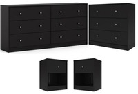 Design contemporain sophistiqué noir 4 pièces ensembles de chambre à coucher meubles avec 6 tiroirs double commode 3 tiroirs coffre 2 tables de chevet