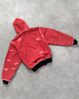 Blouson Bomber Homme Personnalisé en Denim Rouge Épais Délavé Style Streetwear avec Capuche et Fermeture Éclair, Motif Vieilli, Coupe Droite