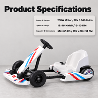 Kart électrique Crazy Kart 250W avec batterie au lithium 36V, lumières LED et Bluetooth