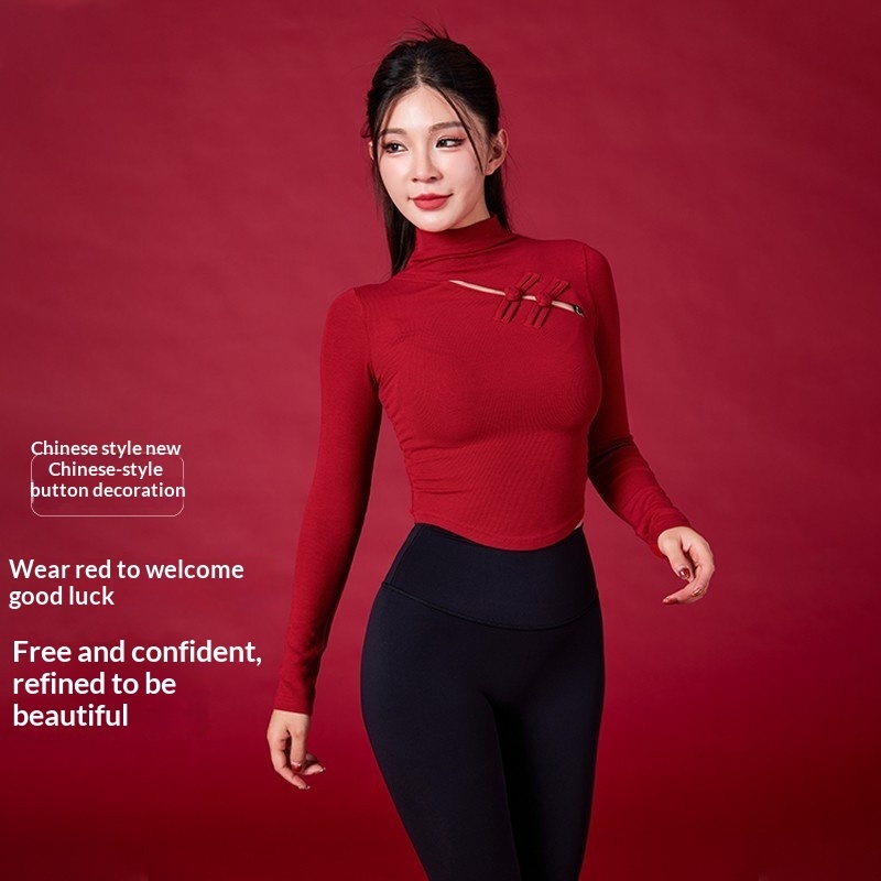 Slimming Breathable for Women's Nine Quarter Sleeve Traditional Chinese Style Buttoned Sports Yoga Wear Half-High Collar Top