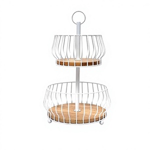 Double Tier Wire Storage Rack With Wooden Trays Round Minimalist Design For Kitchen Countertop Organization counter storage - Product Image 1