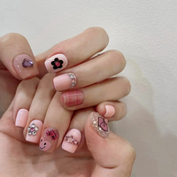 24 Uñas Postizas con Diseño 3D, Cristales y Diamantes, Decoración de Resina Rosa Kawaii con Dibujos Animados