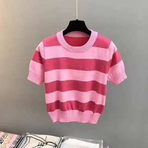 T-<span class=keywords><strong>shirt</strong></span> d'été rayé à manches courtes pour <span class=keywords><strong>femme</strong></span>, haut ajusté à carreaux colorés, pull tricoté à <span class=keywords><strong>col</strong></span> <span class=keywords><strong>rond</strong></span> style Hot Girl - Haut court polyvalent - Product Image 2