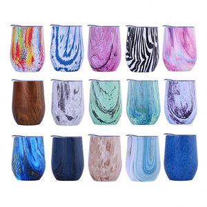 12oz <b>Double</b> <b>Wall</b> Cup Stemless Wine Tumbler Stainless Steel Insulated Vacuum Wood Grain Egg Shape <b>Mug</b> Sports Water Bottle - Product Image 5