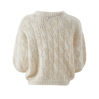 Suéter de Punto Casual de Alta Calidad para Mujer, Cuello Redondo, Manga Corta Abullonada, Color Marfil, Diseño Pointelle, Otoño Invierno, OEM ODM