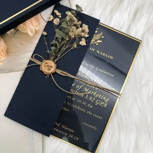 La mejor venta de invitaciones de boda de acrílico transparente personalizadas personalizar impresión UV artesanía oro invitación tarjetas de felicitación para boda