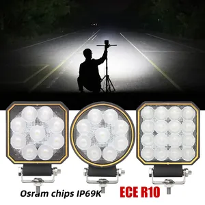 Lámpara de trabajo Led R10 ECE de 27w y 48w con protección contra sobrecalentamiento, 4,5 pulgadas, 20 vatios, 24V, 12V, excavadora de inundación, Tractor, 16 luces Led cuadradas de trabajo, 9 Led