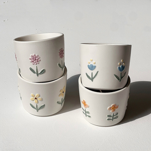 Novelty Hand-Painted Flower Coffee <b>Cup</b> <b>Set</b> of 4 Cute Ceramic Mugs Gift <b>Set</b> for Girls - Product Image 5