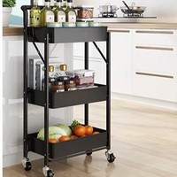 Chariot de rangement multifonctionnel pliable à trois niveaux Chariot de plancher en métal Présentoir empilable pour snacks Rangement pour snacks