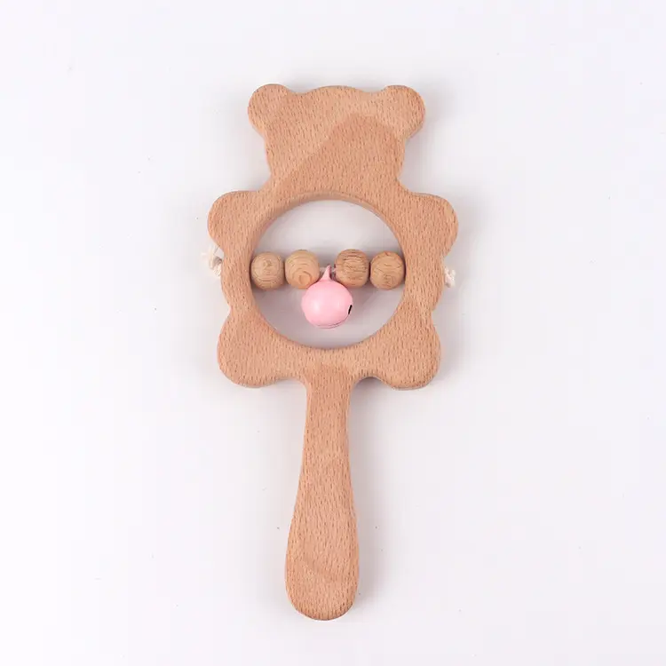 Wholesale Multiple styles Natural wood Beech Wooden teether organic baby wooden rattle with bear shape