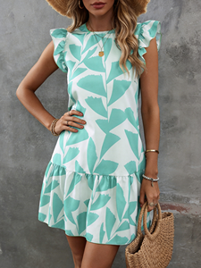 Mint Green <b>Leaf</b> Print Ruffled Sleeve A-Line Mini Dress for Women - Casual Vintage Spring Summer Vacation Dress - Product Image 3
