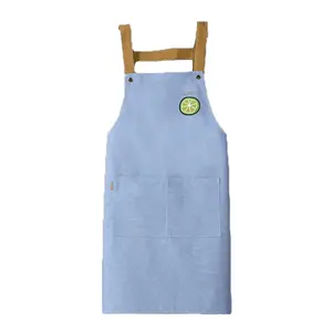 男女通用柠檬图案两个口袋蓝色厨房围裙无袖平纹防水棉烹饪厨师围裙