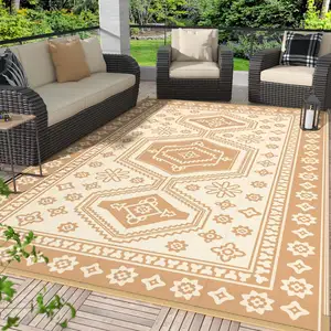 HUAYANG Vintage Floral PP Material Plastic Straw Rug Large Portable Reversible Outdoor Carpet Waterproof Beach Patio Camping