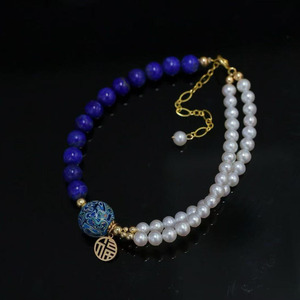 14K Gold Filled Chinese Style <b>Beaded</b> <b>Bracelet</b>, Natural Lapis Lazuli Freshwater Pearl Cloisonne Bead Adjustable <b>Bracelet</b> - Product Image 3