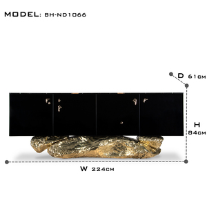 Meubles de cuisine modernes sur mesure, finition brillante, base en laiton martelé, plateau en marbre Sahara Noir, buffets noirs et dorés - Product Image 6