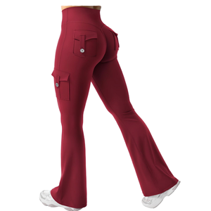 Pantalones de yoga acampanados sin costuras con cintura elástica alta, bolsillos traseros y efecto realce de glúteos, de color liso, en Spandex/Nylon - Product Image 6
