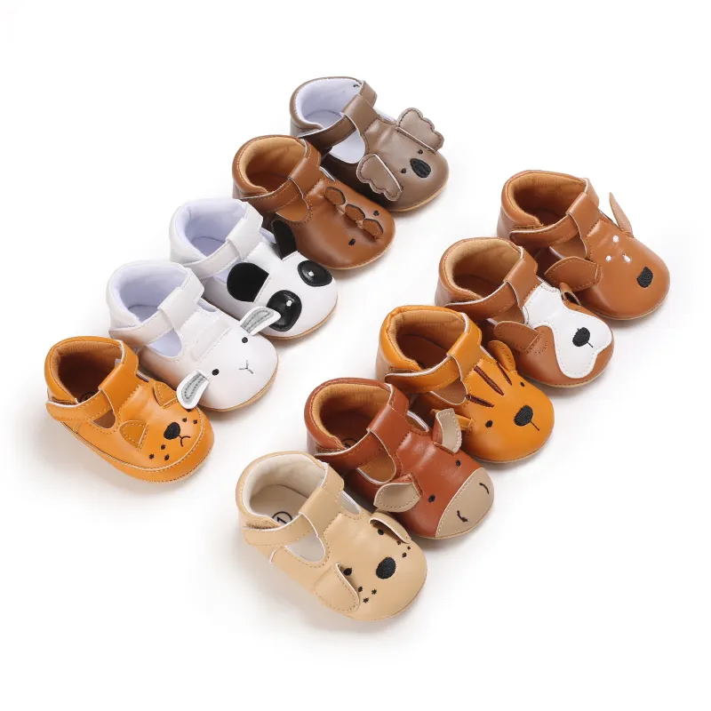 MU 귀여운 동물 만화 아기 신발 Pu 가죽 고무 밑창 부드러운 경량 0-1 세 아기 유아 신발
